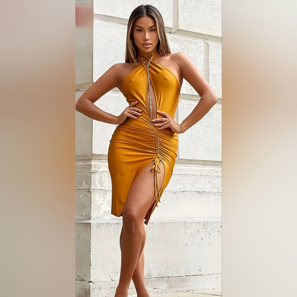 Fashion Nova Gold Halter Neck Bodycon Dress
